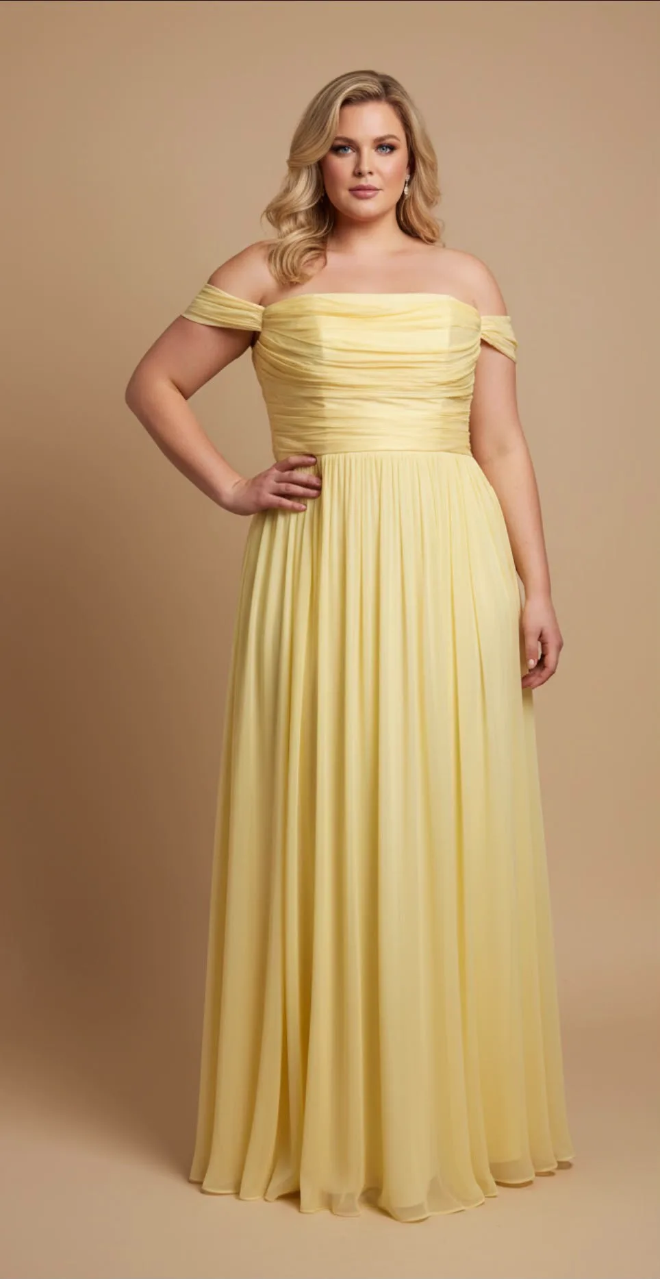 Abendkleid in Pastellgelb mit Off-Shoulder-Ärmeln