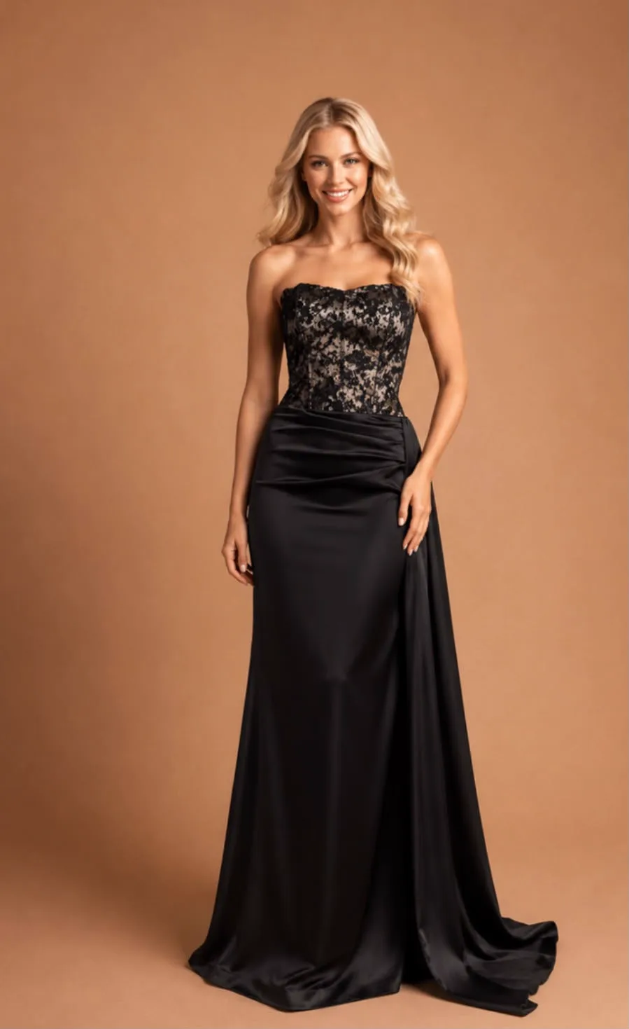 Schwarzes Abendkleid mit Spitzencorsage und Satinrock